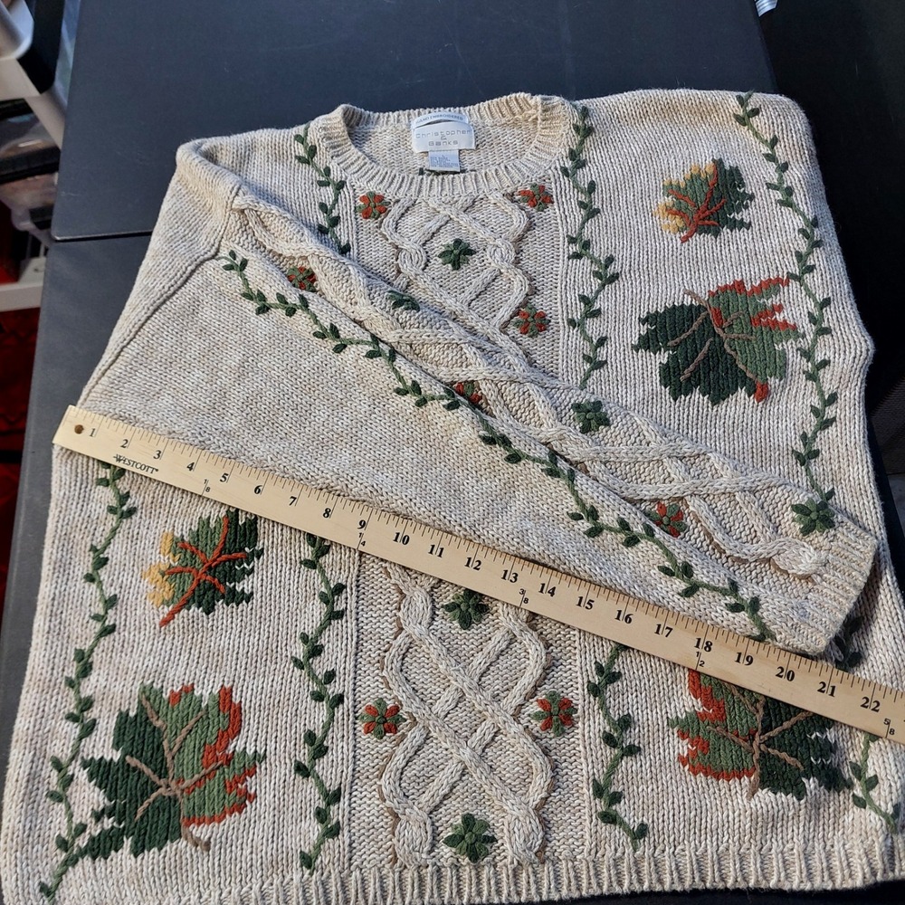 Christopher & Banks Vintage Hand Embroidered Fall Leaf Cable Knit Sweater Large - Picture 5 of 7
